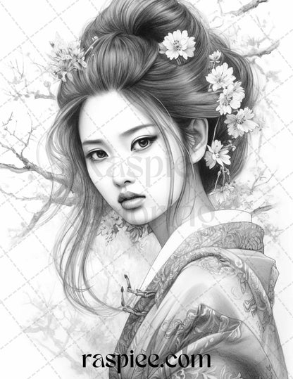 40 Beautiful Japanese Girls Grayscale Coloring Pages Printable for Adults, PDF File Instant Download