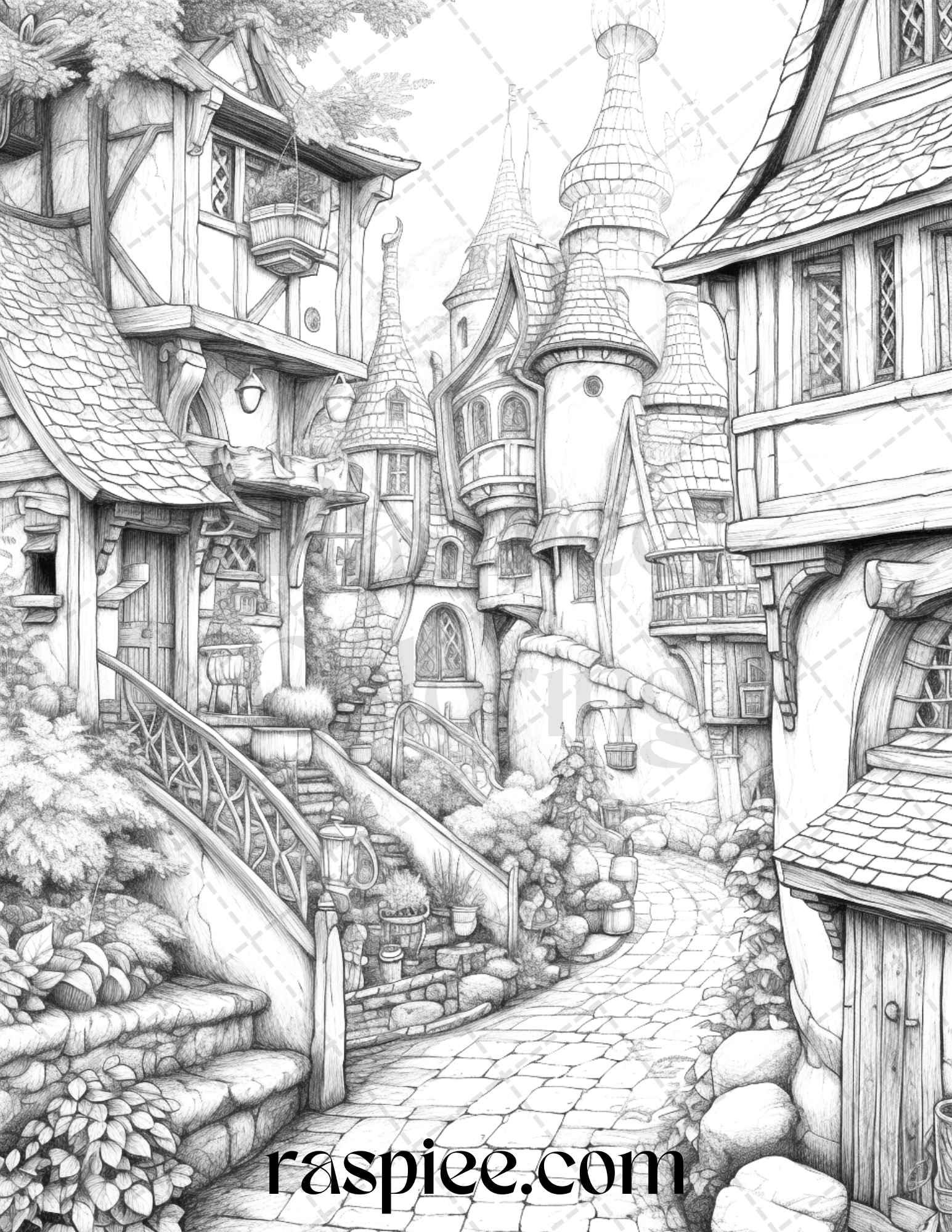 40 Fantasy Village Grayscale Coloring Pages Printable for Adults, PDF File Instant Download