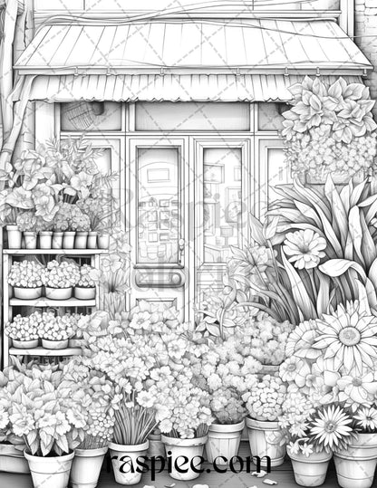 45 Flower Store Front Grayscale Coloring Pages Printable for Adults, PDF File Instant Download