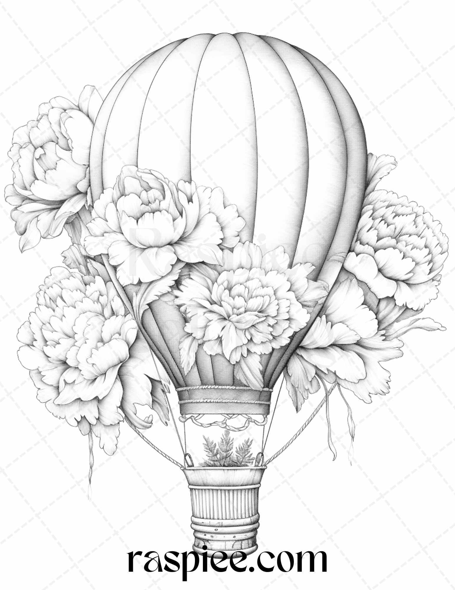 42 Flower Hot Air Balloons Grayscale Coloring Pages Printable for Adults, PDF File Instant Download