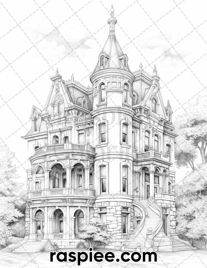 40 Victorian Mansions Grayscale Coloring Pages for Adults, Printable PDF Instant Download