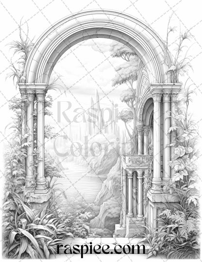 40 Window to Fantasy Worlds Grayscale Coloring Pages Printable for Adults, PDF File Instant Download