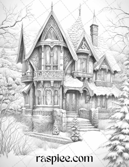 42 Fantasy Christmas Houses Grayscale Coloring Pages Printable for Adults, PDF File Instant Download