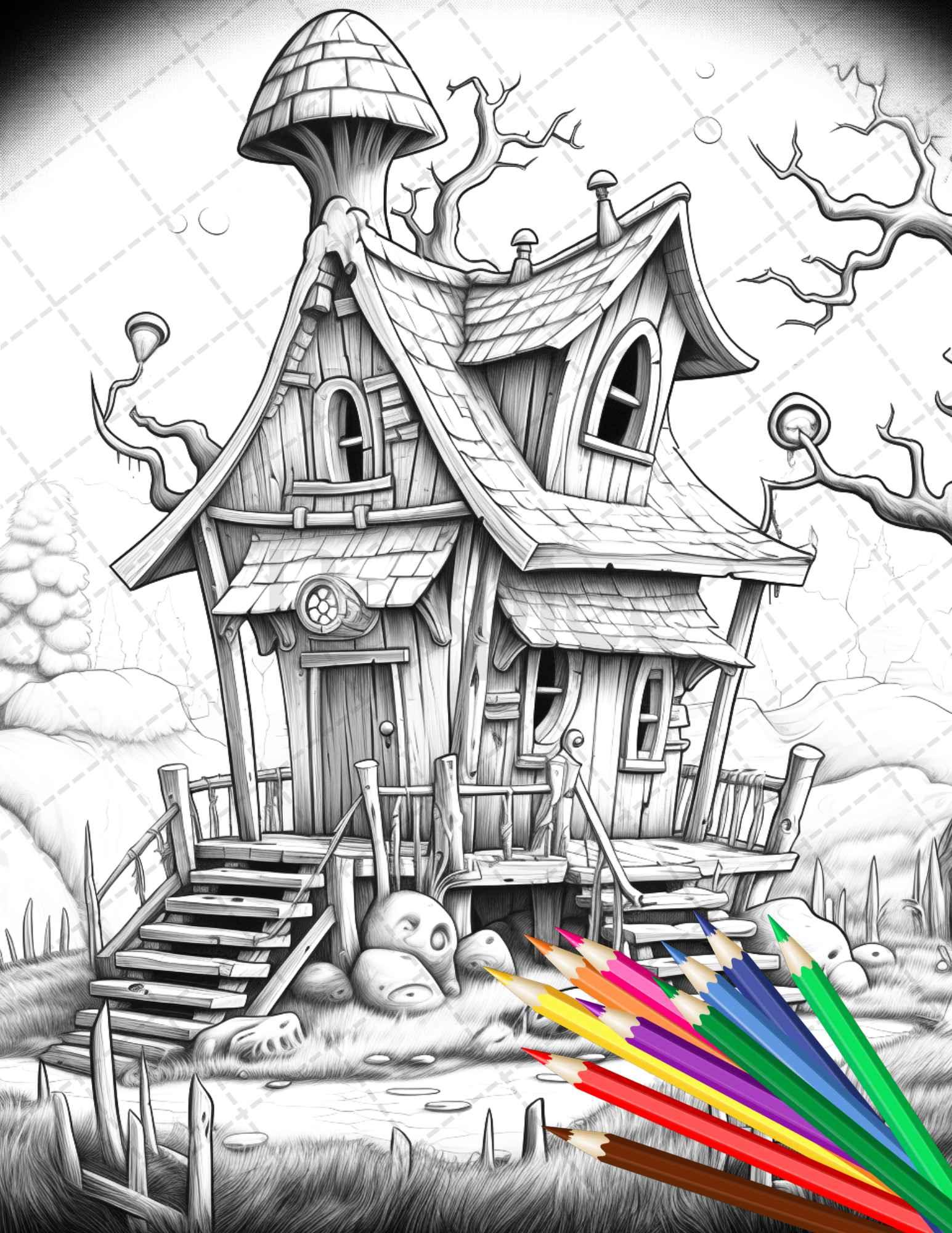 32 Spooky Houses Coloring Pages Printable for Adults, Grayscale Coloring Page, PDF File Instant Download