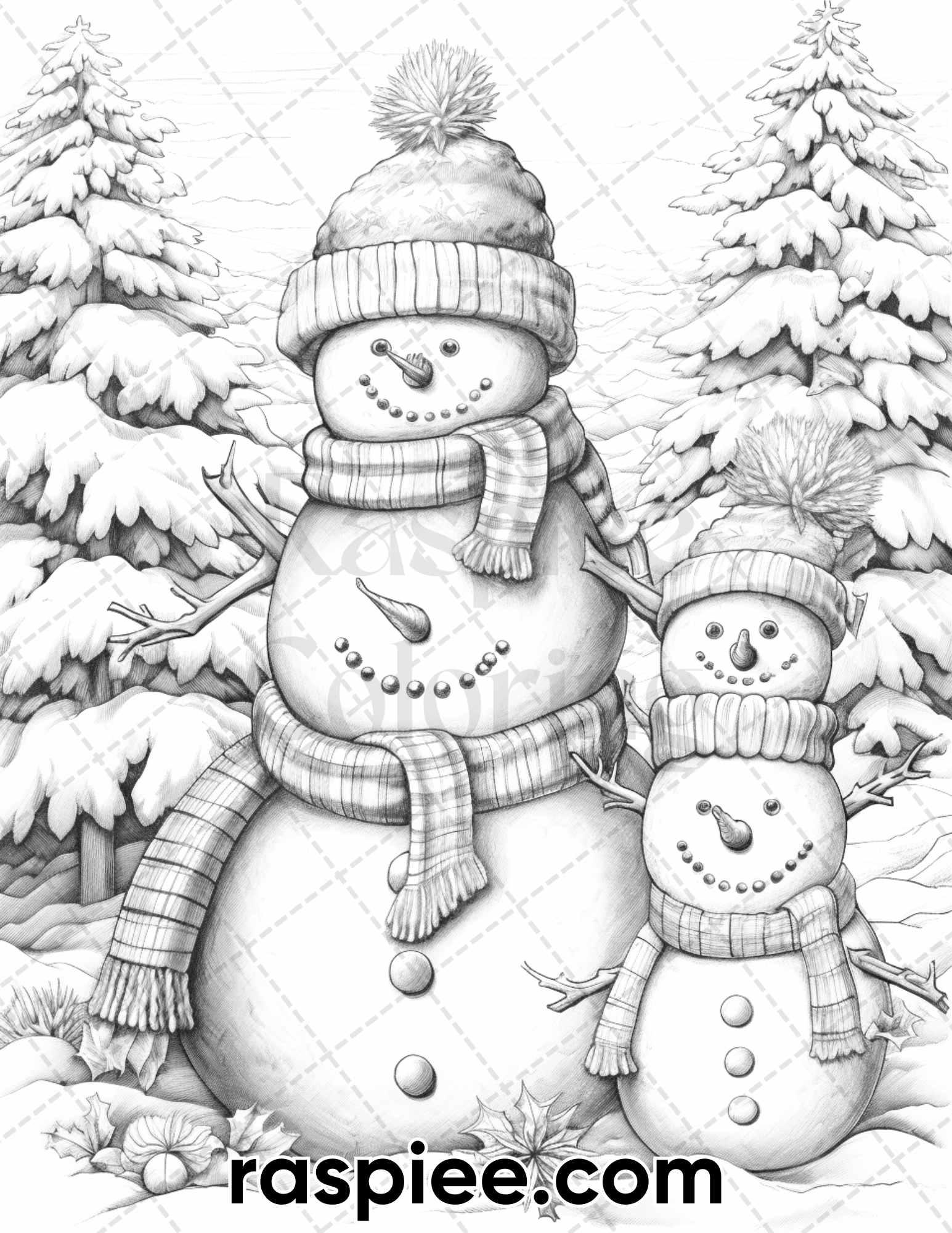 40 Chistmas Snowman Grayscale Coloring Pages for Adults, Printable PDF Instant Download