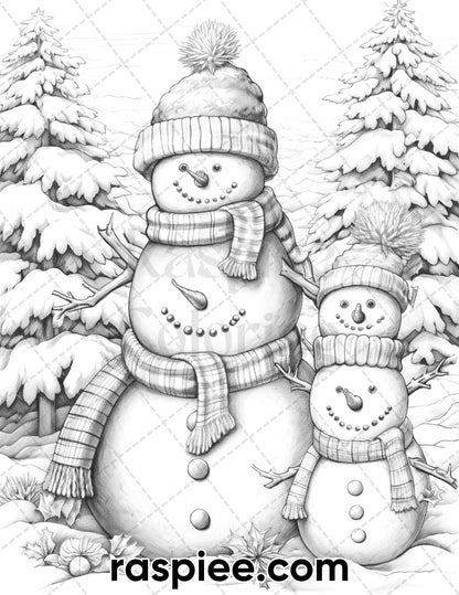 40 Chistmas Snowman Grayscale Coloring Pages for Adults, Printable PDF Instant Download