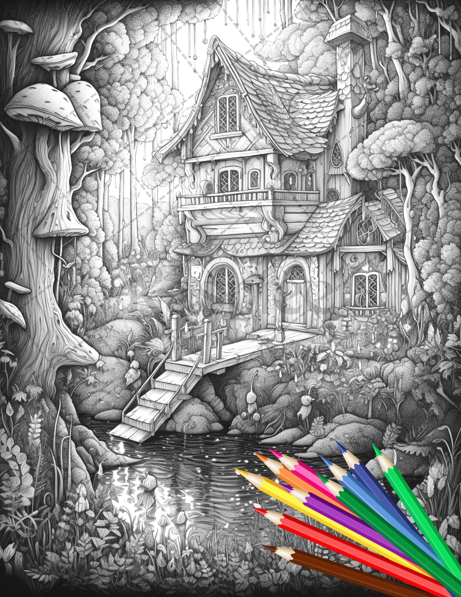 30 Fantasy Fairy Houses Coloring Page Book, Printable Adult Coloring Pages, Enchanted Fairy Home Grayscale Coloring Book, Printable PDF File