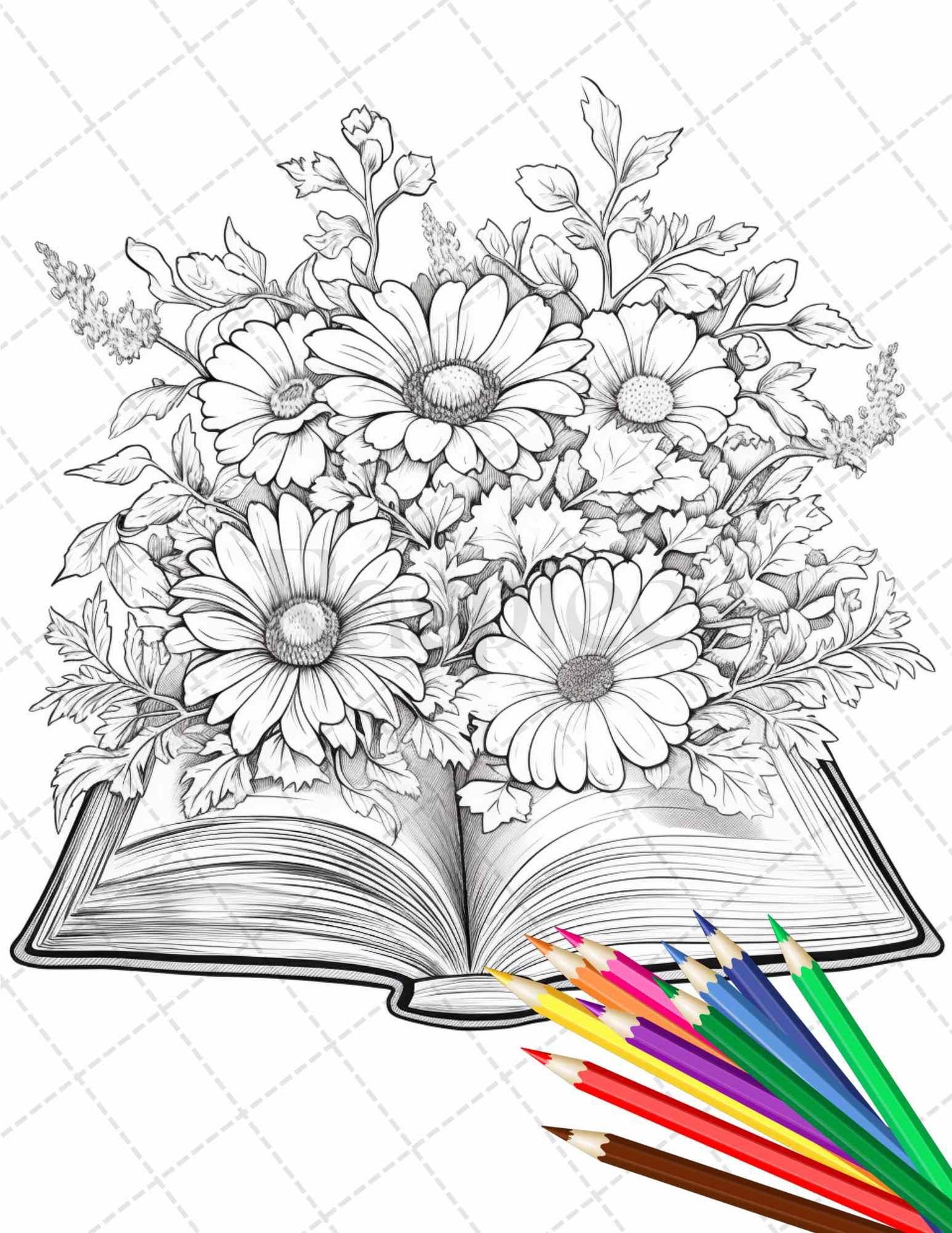 31 Book Flowers Coloring Pages Printable for Adults, Grayscale Coloring Page, PDF File Instant Download