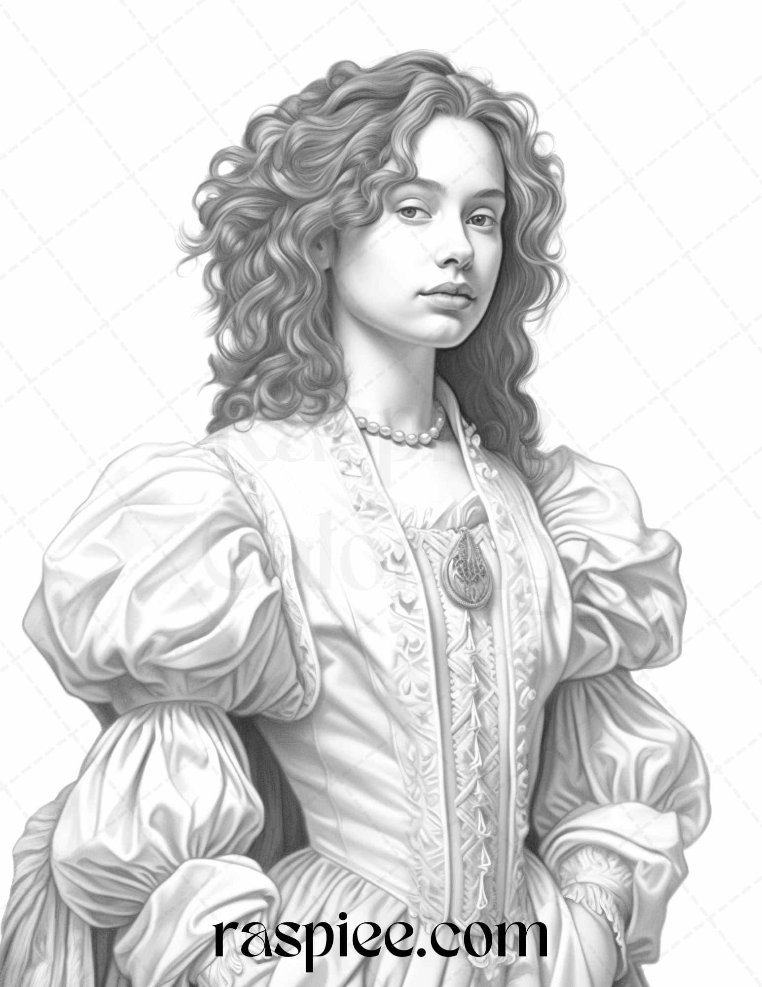 40 Baroque Women Portrait Grayscale Adult Coloring Pages Printable, PDF File Instant Download