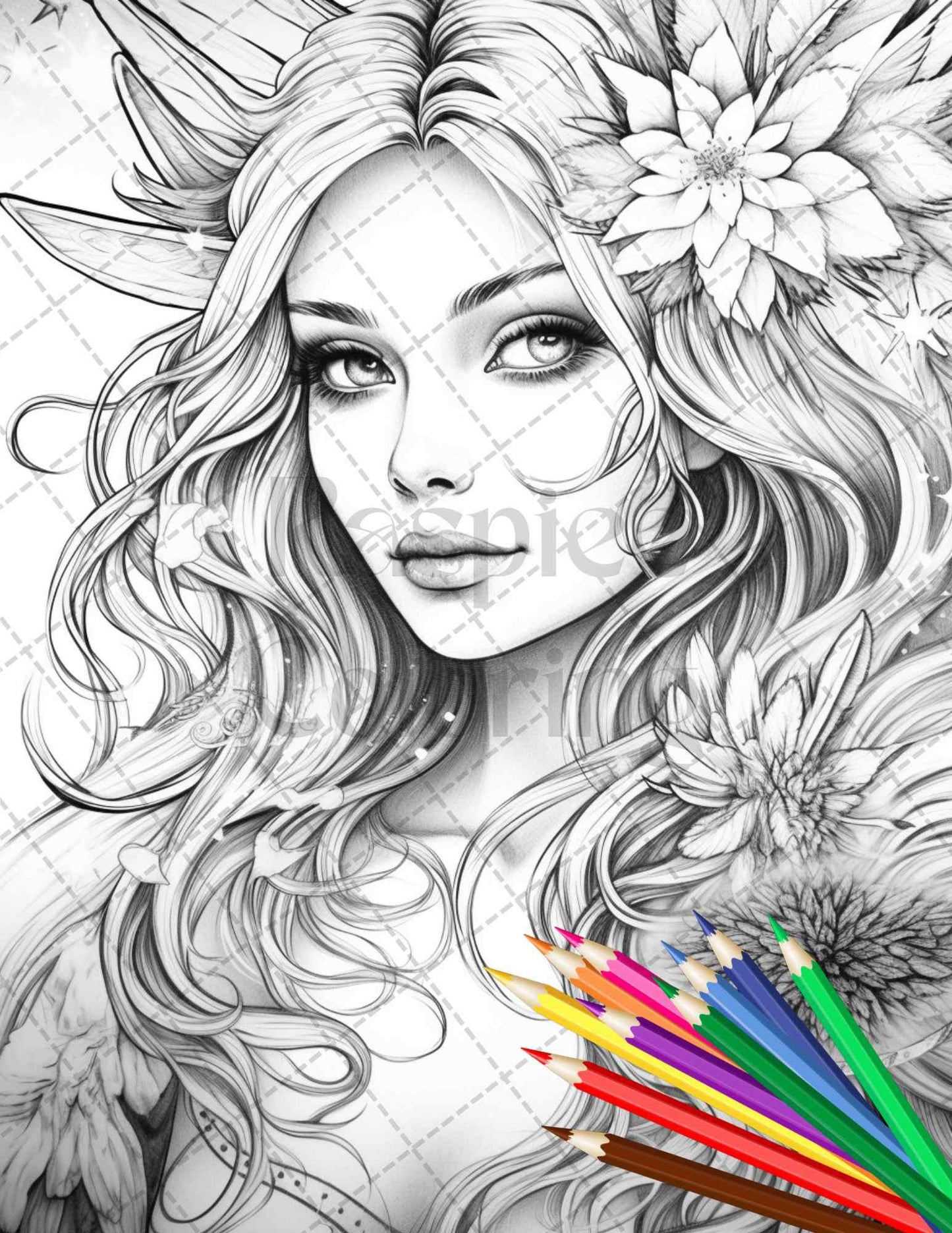 34 Beautiful Moon Fairies Grayscale Coloring Pages Printable for Adults, PDF File Instant Download