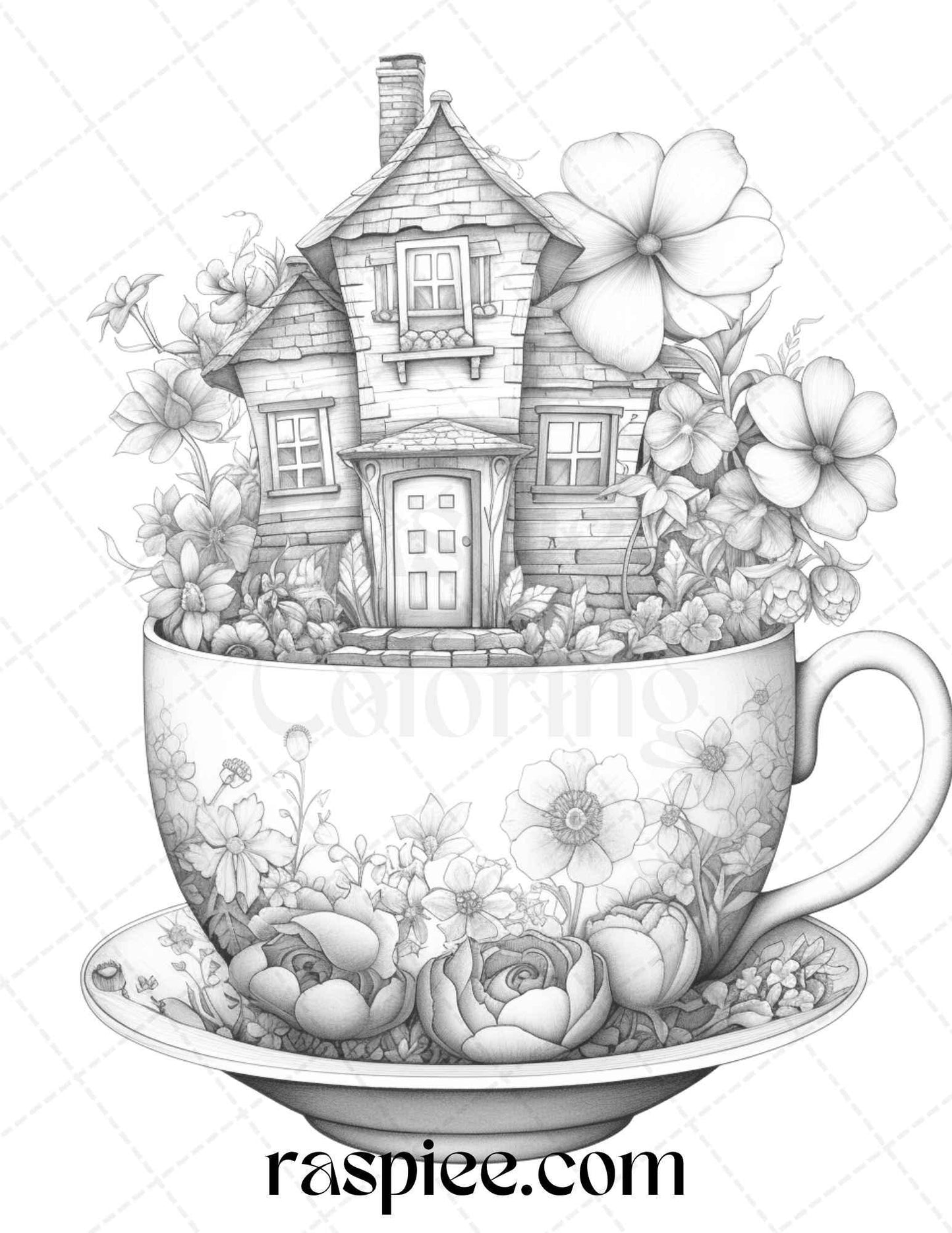 40 Flower Teacup Fairy Houses Grayscale Coloring Pages Printable for Adults, PDF File Instant Download