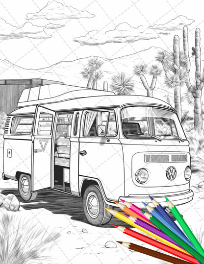 30 Campervan Adventure Grayscale Coloring Pages Printable for Adults, PDF File Instant Download