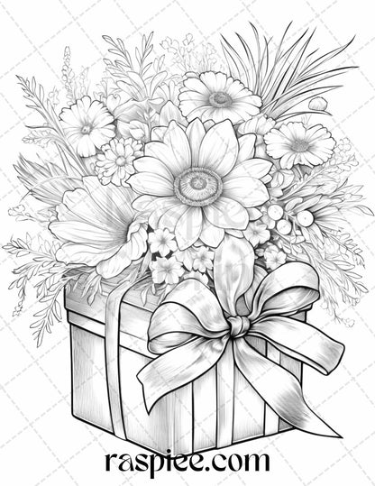 40 Flower Gift Box Grayscale Coloring Pages Printable for Adults Kids, PDF File Instant Download