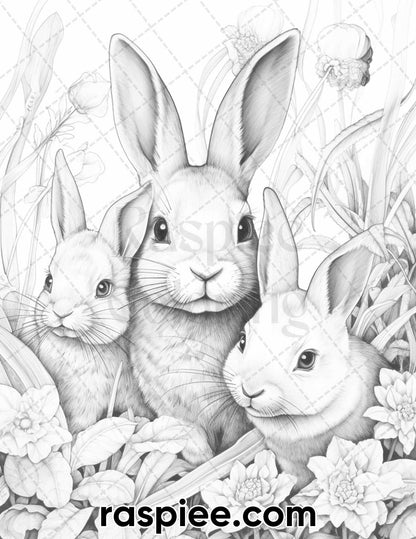 40 Easter Bunny Grayscale Adult Coloring Pages, Printable PDF Instant Download