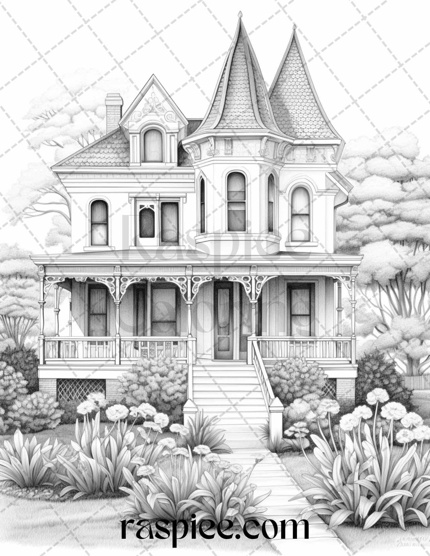 40 Victorian Houses Grayscale Coloring Pages Printable for Adults, PDF File Instant Download