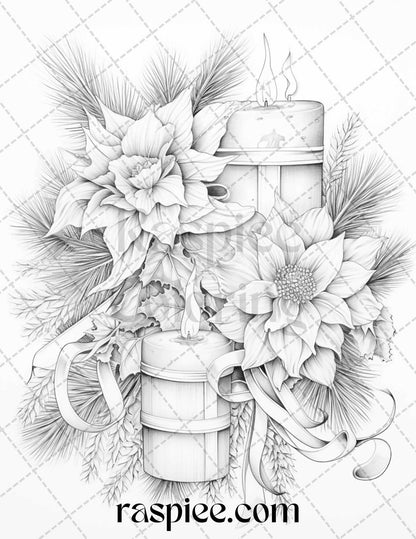 45 Christmas Flowers Grayscale Coloring Pages Printable for Adults, PDF File Instant Download