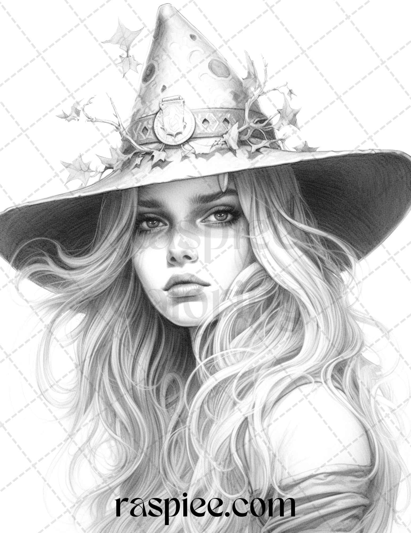 40 Beautiful Witches Grayscale Coloring Pages Printable for Adults, PDF File Instant Download