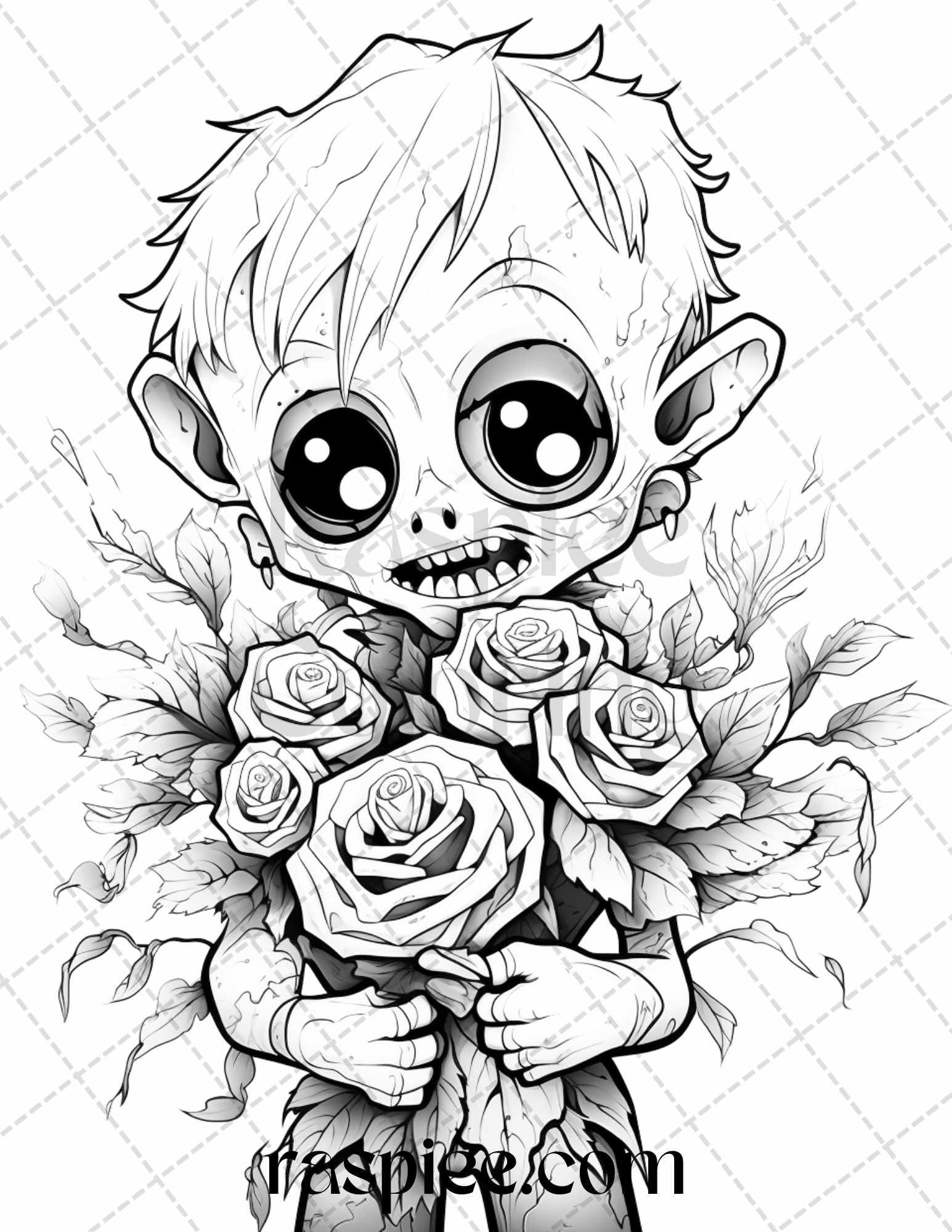 40 Halloween Creepy Kawaii Grayscale Coloring Pages for Adults and Kids, Printable PDF File Instant Download