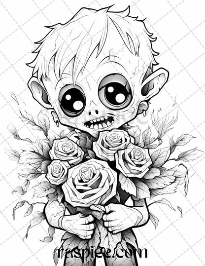 40 Halloween Creepy Kawaii Grayscale Coloring Pages for Adults and Kids, Printable PDF File Instant Download