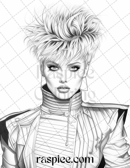 1980s New Wave Pop Star Grayscale Coloring Pages Printable for Adults, PDF File Instant Download