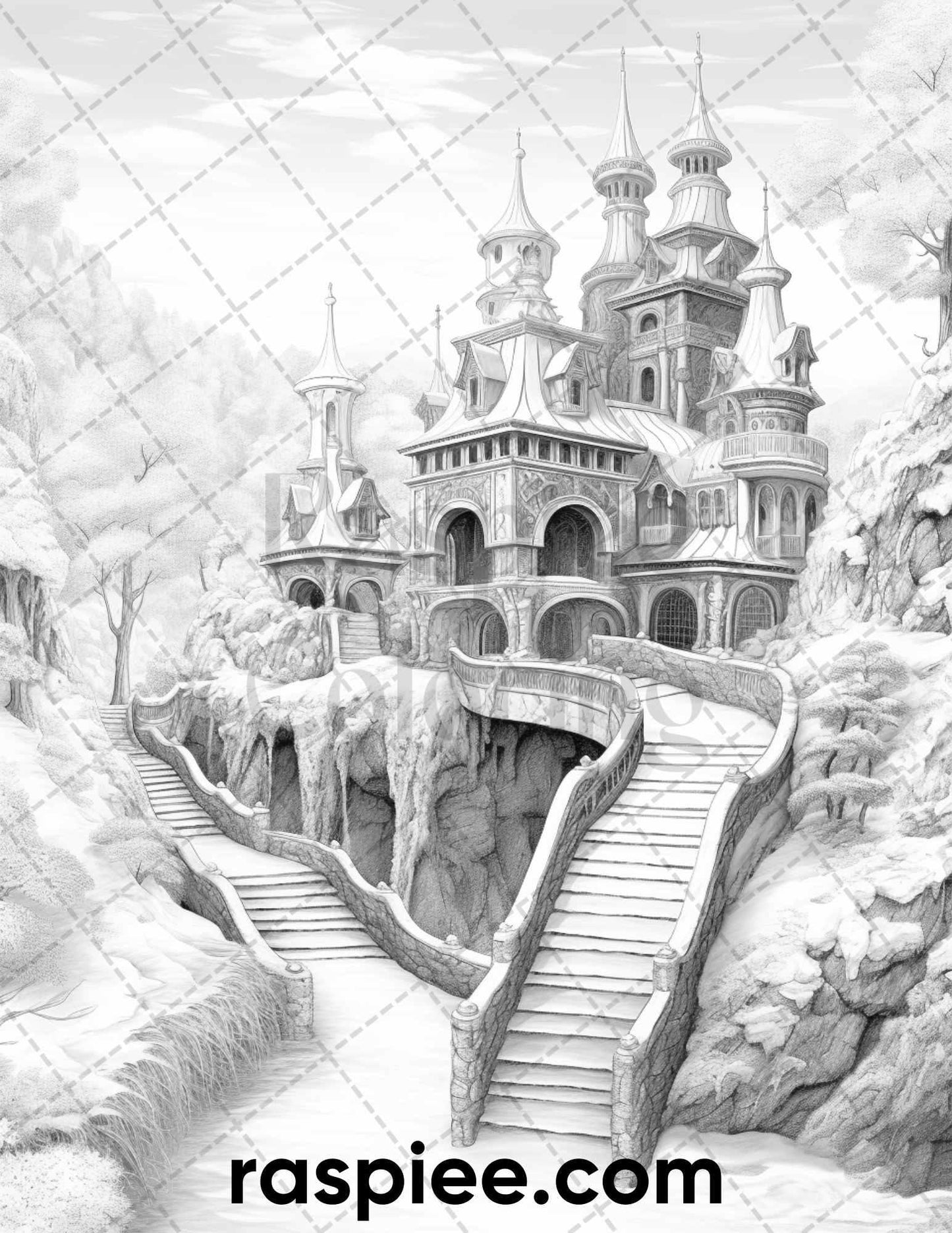 40 Fantasy Winter Village Grayscale Coloring Pages for Adults, PDF File Instant Download