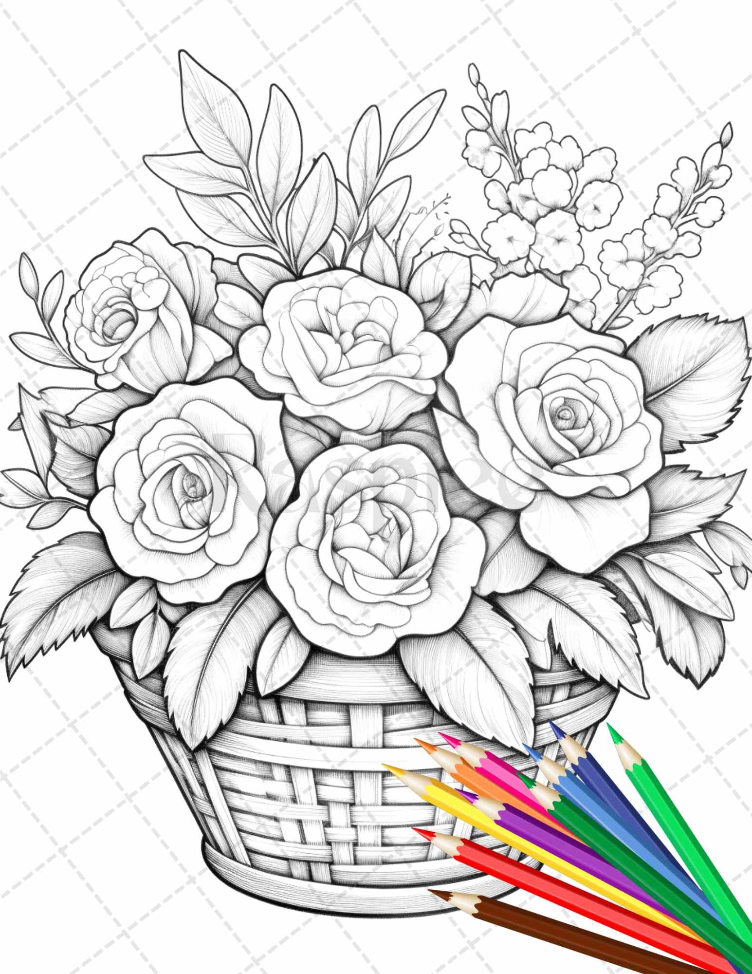 30 Flower Baskets Grayscale Coloring Pages for Adults, PDF File Instant Download