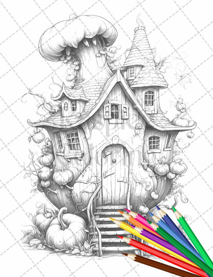 40 Pumpkin Fairy Houses Grayscale Coloring Pages Printable for Adults, PDF File Instant Download