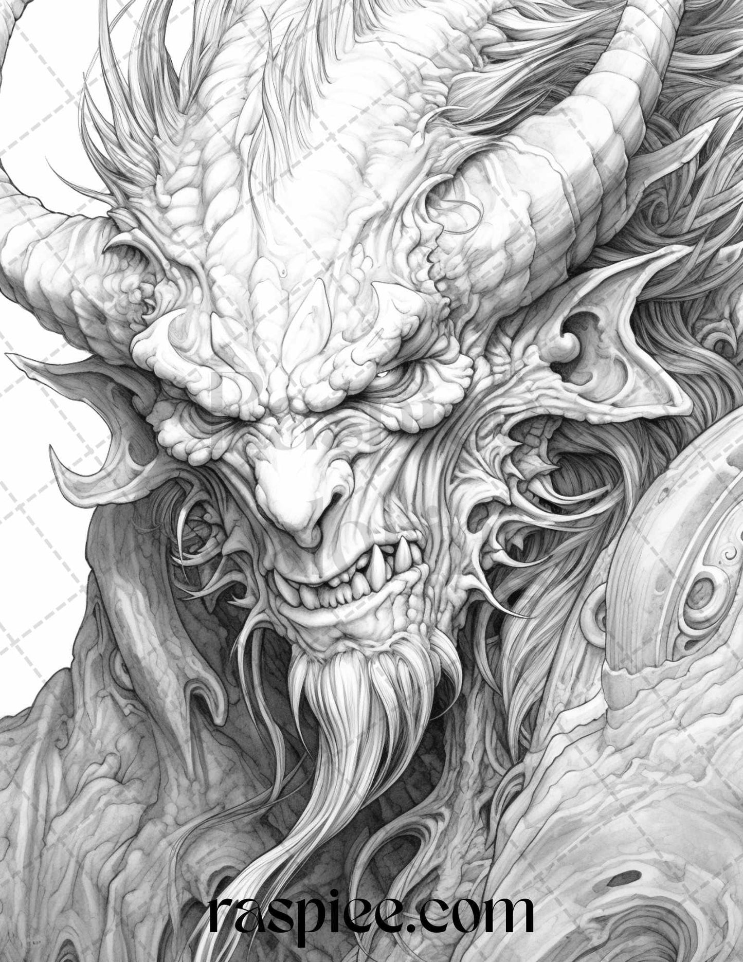 43 Fantasy Demons Grayscale Coloring Pages for Adults, Printable PDF File Instant Download