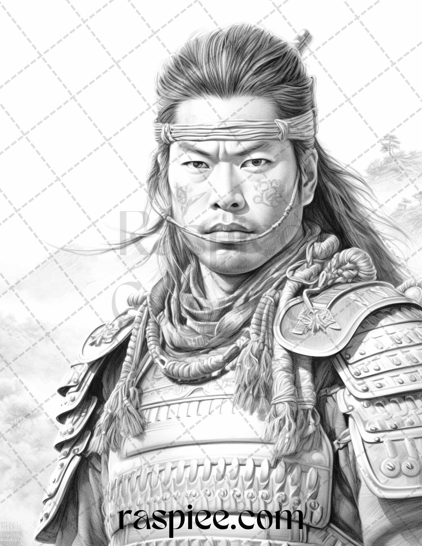 42 Japanese Samurai Grayscale Coloring Pages for Adults, Printable PDF File Instant Download