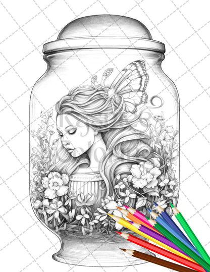 40 Beautiful Fairies in Jar Grayscale Coloring Pages Printable for Adults, PDF File Instant Download