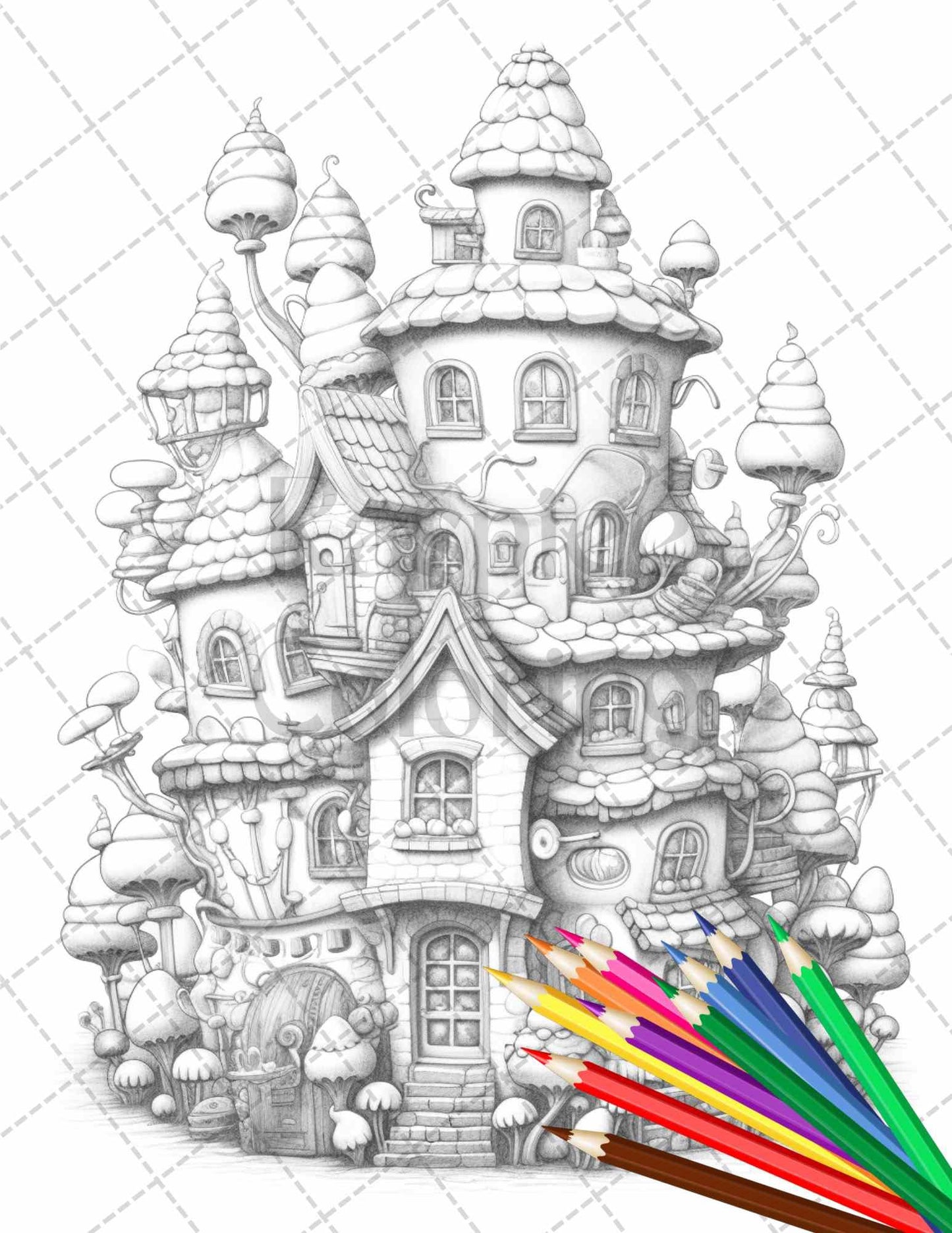 50 Adorable Cake Houses Grayscale Coloring Pages Printable for Adults and Kids, PDF File Instant Download