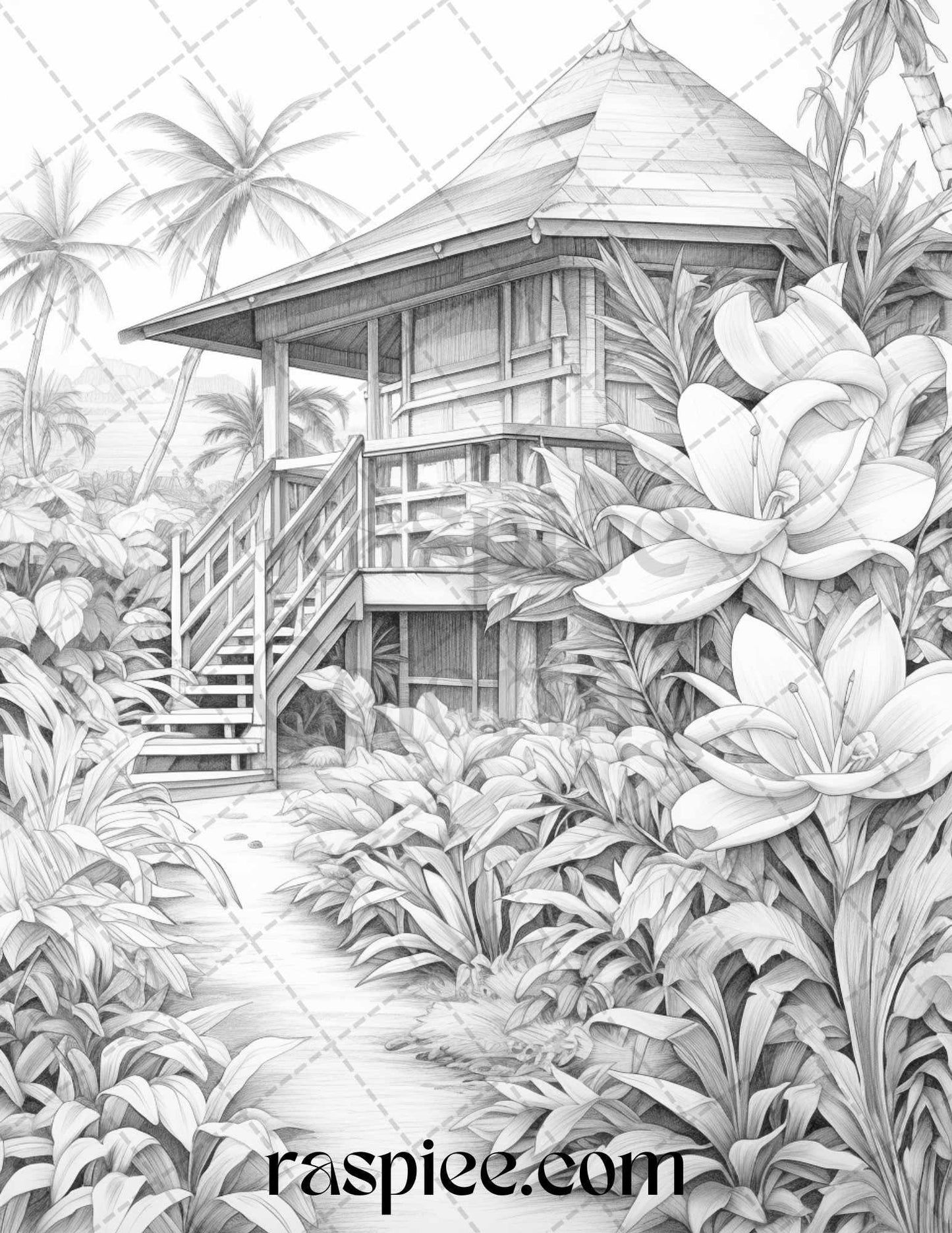 40 Hawaii Tiki Houses Grayscale Coloring Pages Printable for Adults, PDF File Instant Download