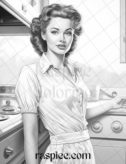 40 Retro Housewives Grayscale Coloring Pages for Adults, Printable PDF File Instant Download