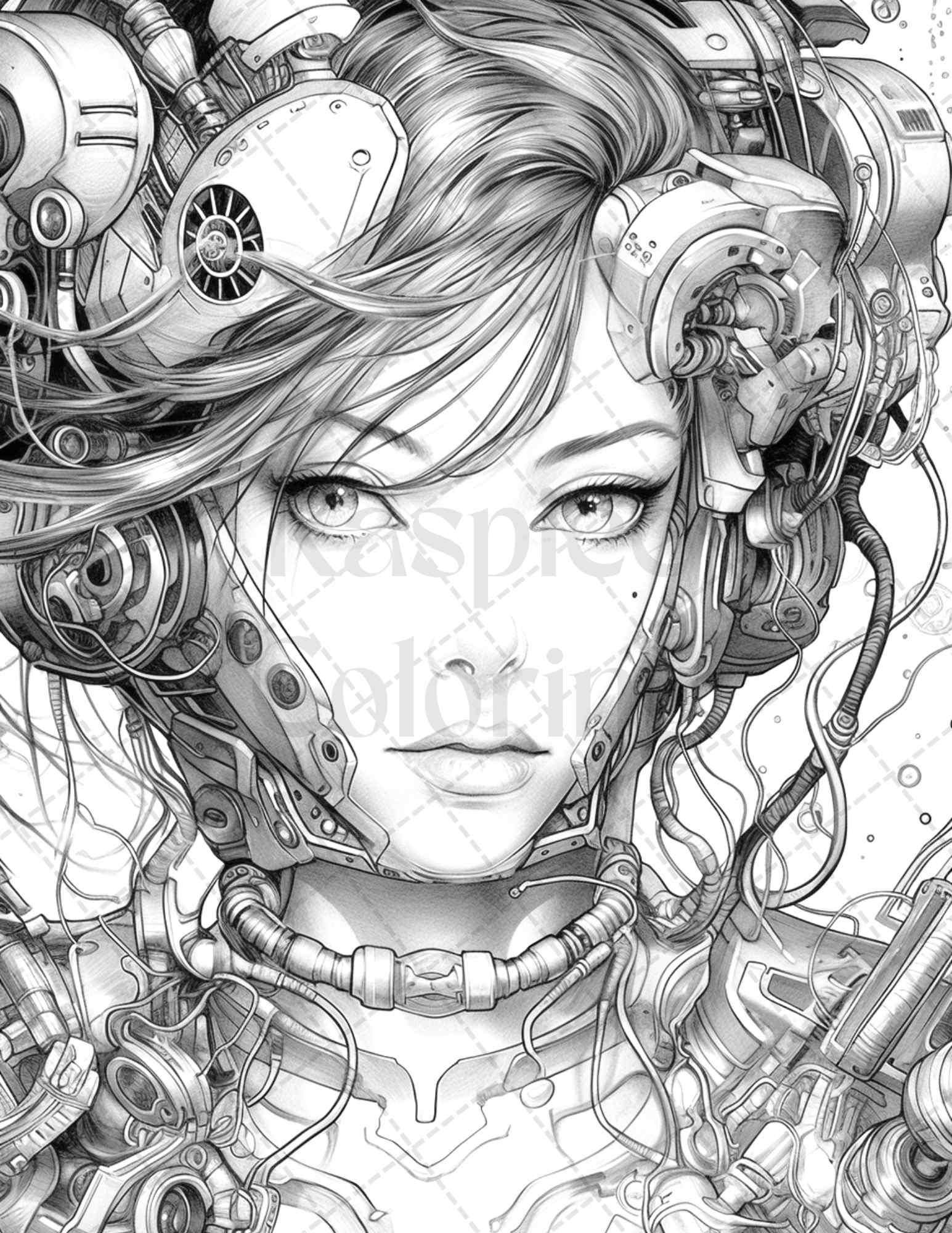 40 Beautiful Cyborg Girls Grayscale Coloring Pages Printable for Adults, PDF File Instant Download