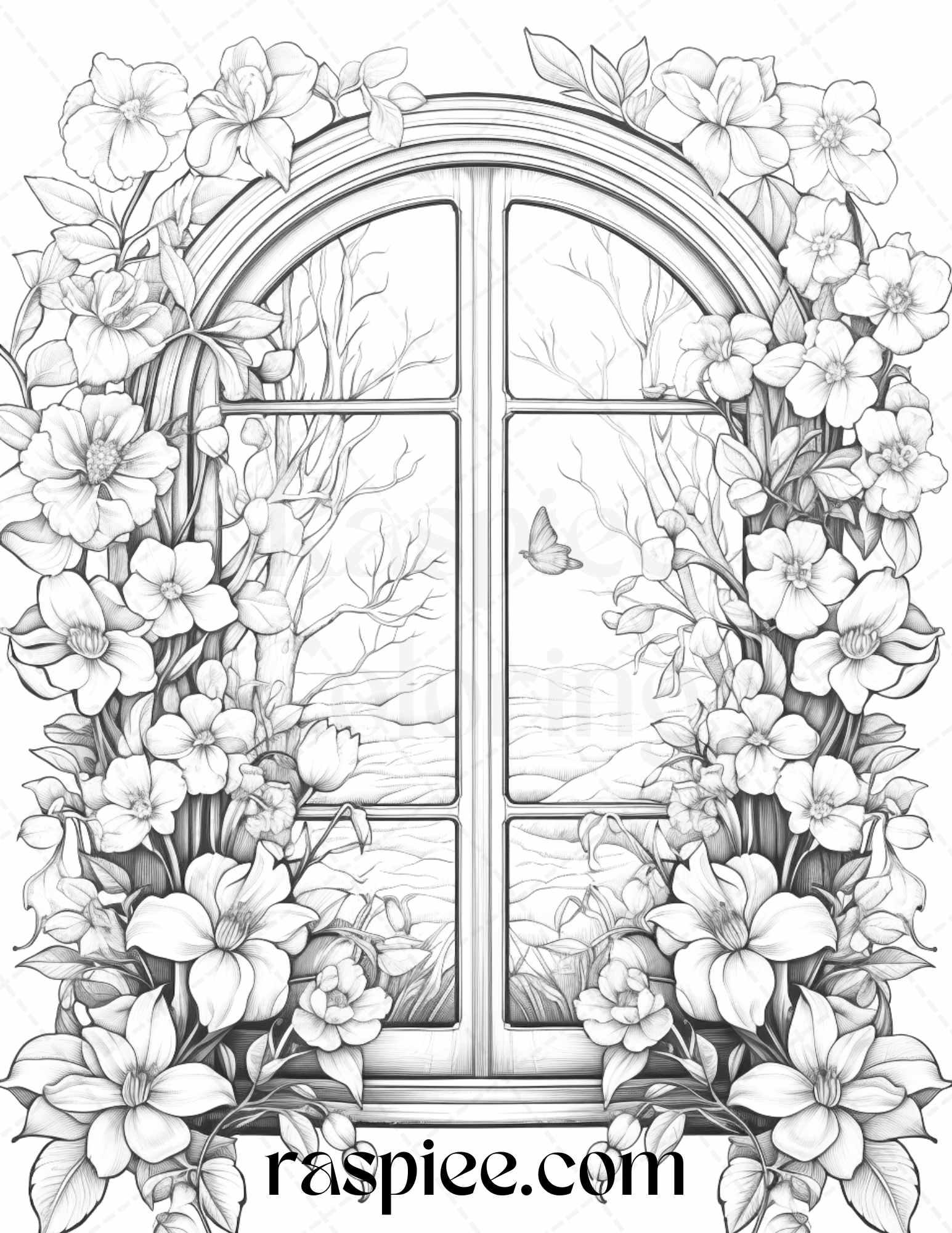 50 Blooming Windows Grayscale Coloring Pages Printable for Adults, PDF File Instant Download