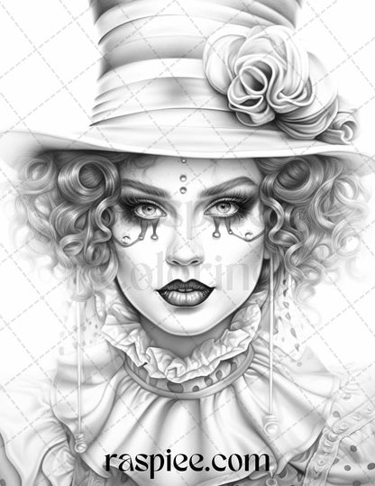 42 Beautiful Clown Girls Grayscale Coloring Pages Printable for Adults, PDF File Instant Download