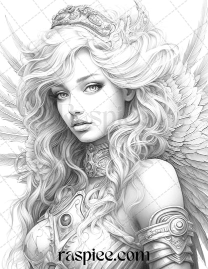 42 Enchanting Angels Grayscale Coloring Pages Printable for Adults, PDF File Instant Download