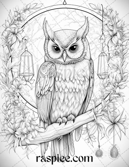 40 Floral Owl Grayscale Printable Coloring Pages for Adults, PDF File Instant Download