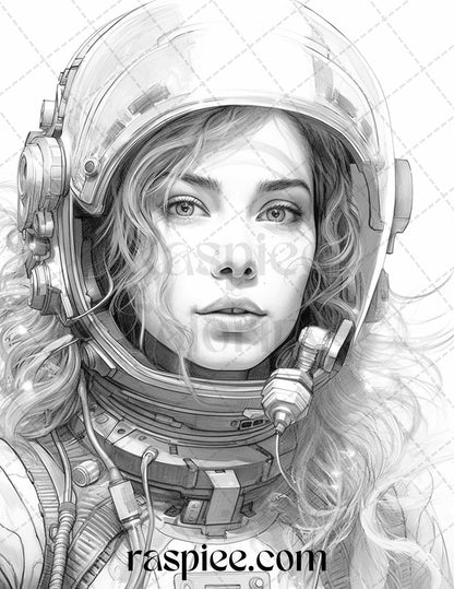 50 Astronaut Girl Portrait Grayscale Coloring Pages Printable for Adults, PDF File Instant Download