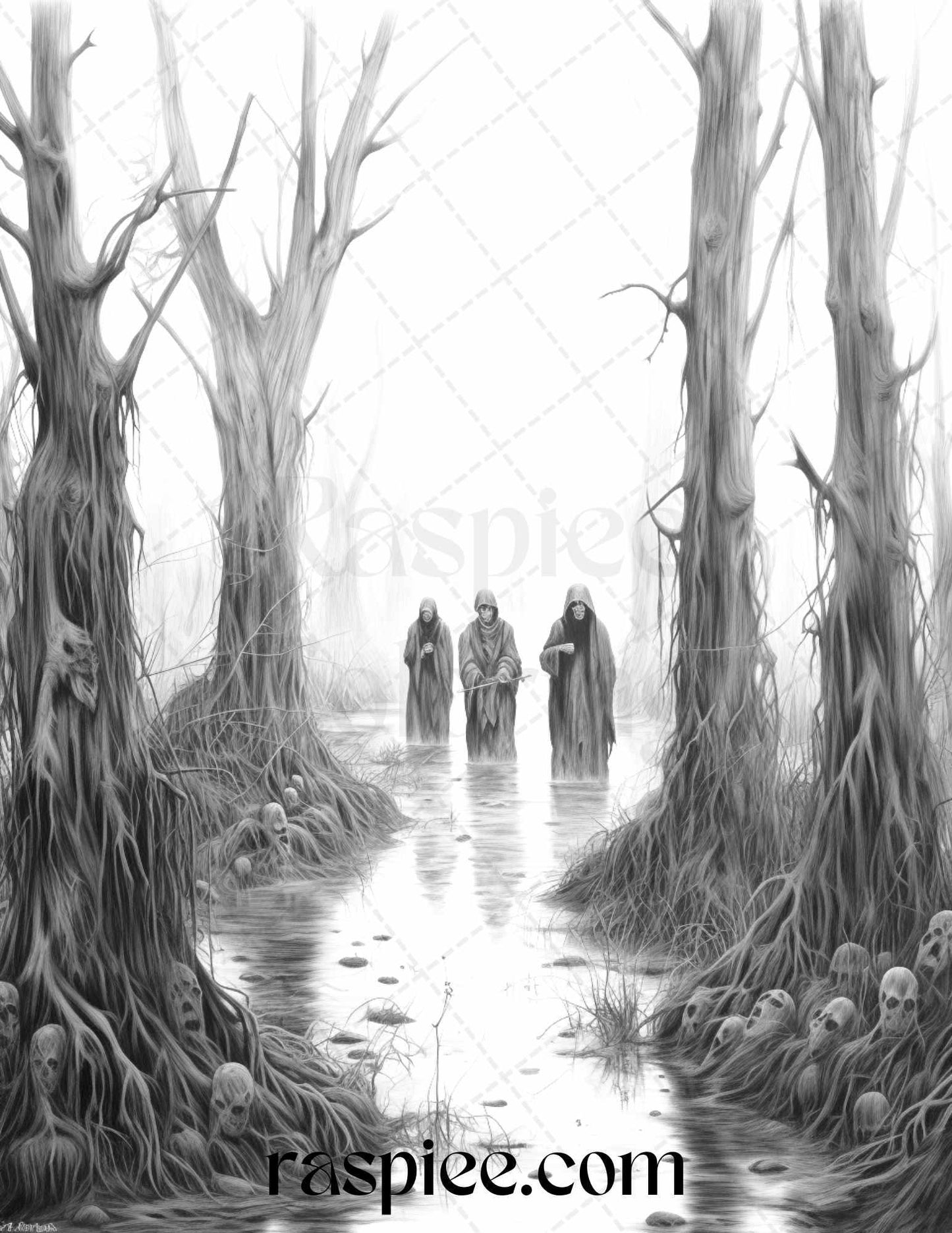 Ghoulish Halloween Grayscale Coloring Pages Printable for Adults, PDF File Instant Download