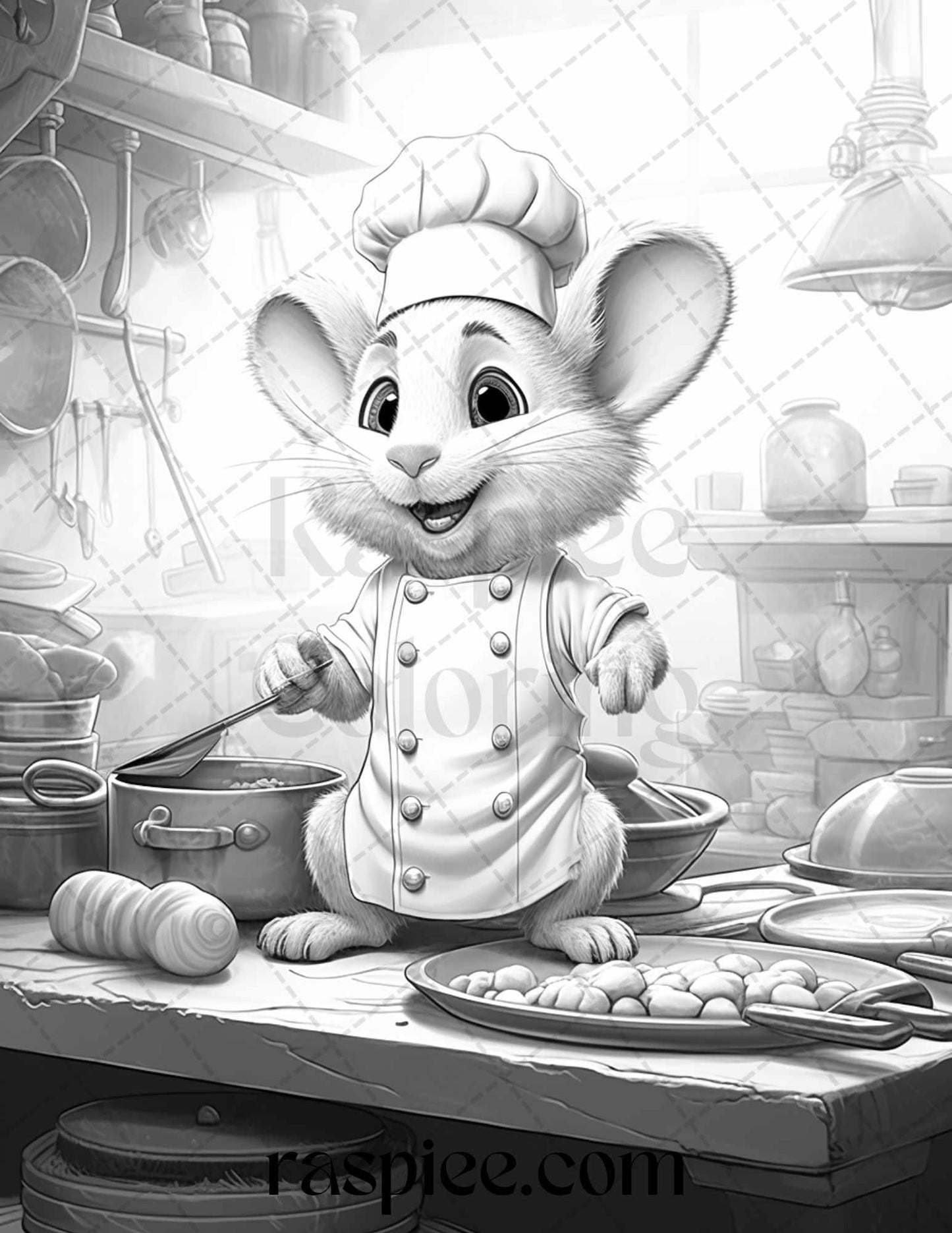 45 Mouse Chef Grayscale Coloring Pages Printable for Adults, PDF File Instant Download