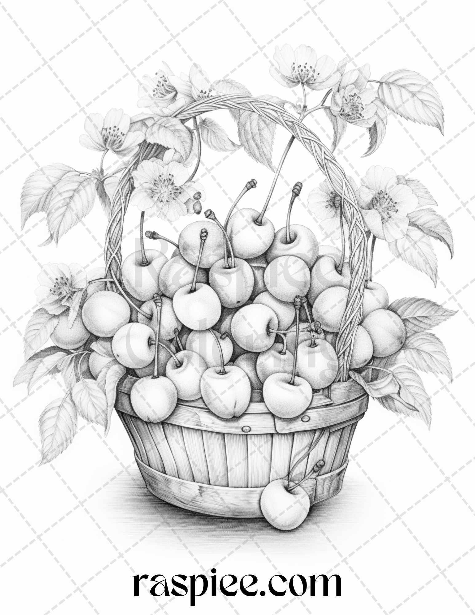 40 Fruit Basket Grayscale Coloring Pages Printable for Adults, PDF File Instant Download