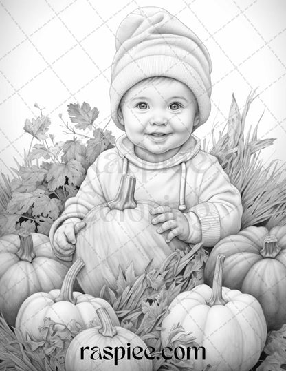 40 Pumpkin Babies Grayscale Coloring Pages for Adults and Kids, Printable PDF File Instant Download