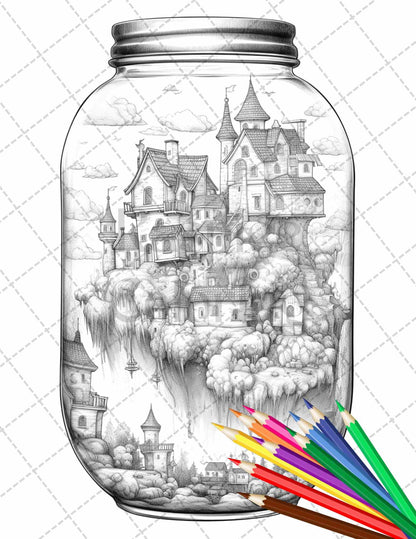 42 Fantasy Castle In Jar Grayscale Coloring Pages Printable for Adults, PDF File Instant Download