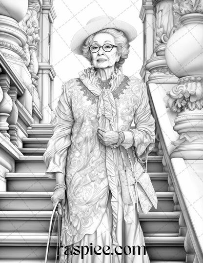 40 Fashionista Grandma Grayscale Coloring Pages Printable for Adults, PDF File Instant Download