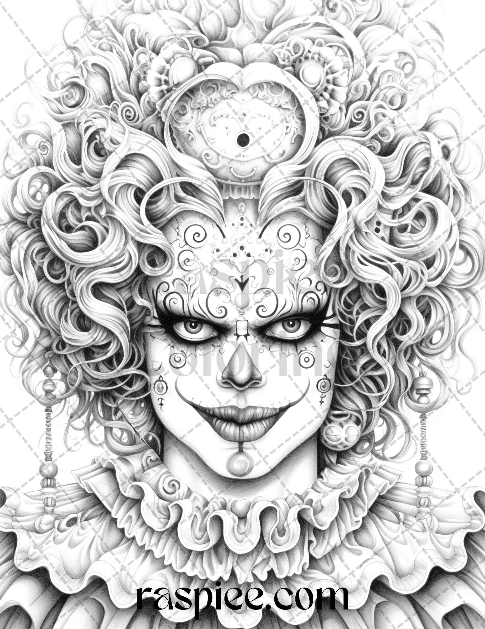 40 Spooky Clowns Grayscale Coloring Pages Printable for Adults, PDF File Instant Download