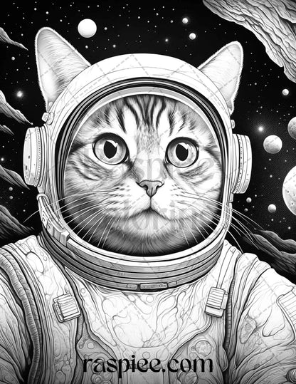 40 Cat Astronaut Grayscale Coloring Pages Printable for Adults Kids, PDF File Instant Download