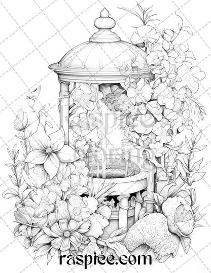 40 Whimsical Wishing Wells Grayscale Coloring Pages Printable for Adults, PDF File Instant Download