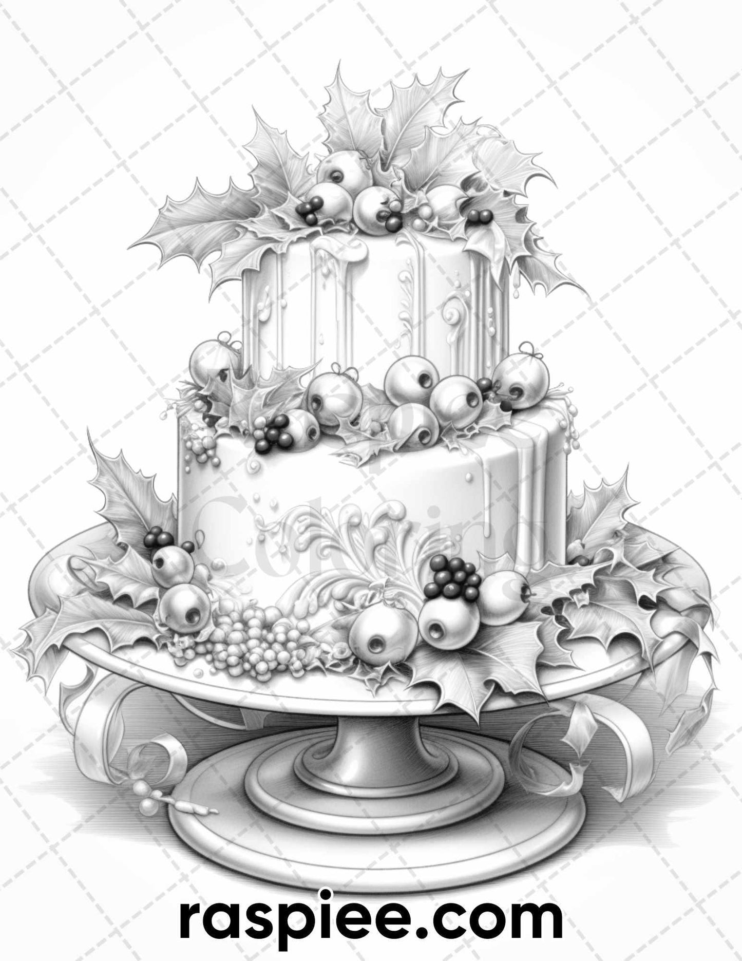 45 Christmas Cakes Grayscale Coloring Pages for Adults, Printable PDF File Instant Download