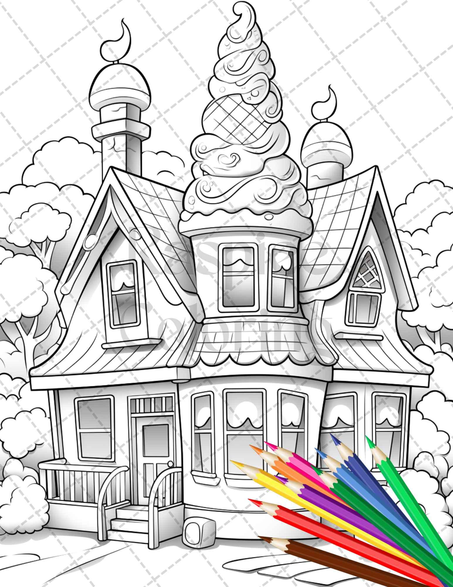 33 Ice Cream Houses Grayscale Coloring Pages Printable for Adults and Kids, PDF File Instant Download